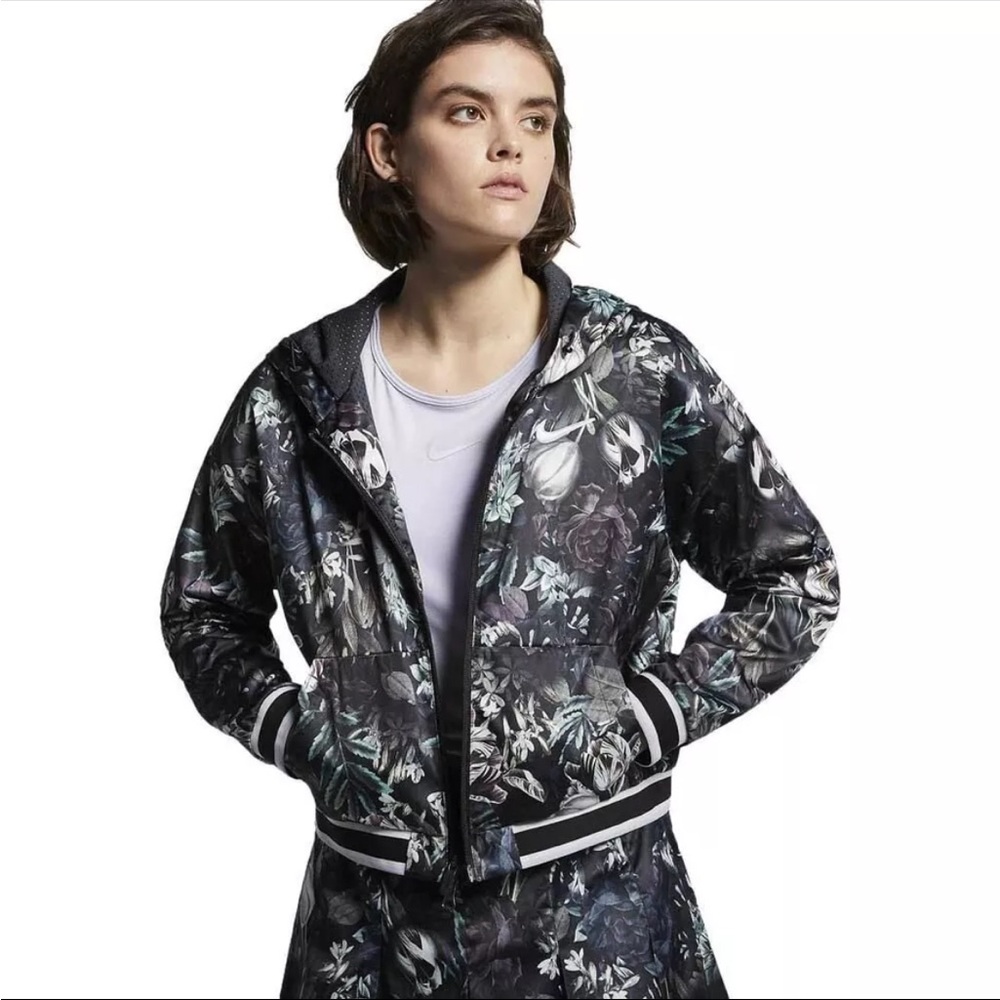 Nike Womens Sz M Dri-FIT Tennis Crop Jacket Floral Black Hooded Zip Lined Pocket